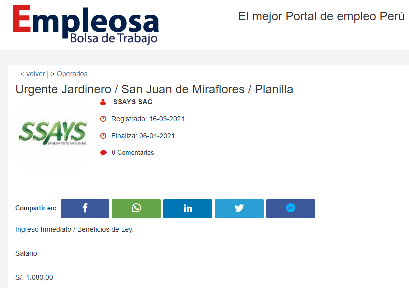 Urgente Jardinero / San Juan de Miraflores / Planilla