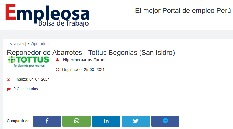 Reponedor de Abarrotes - Tottus Begonias (San Isidro)