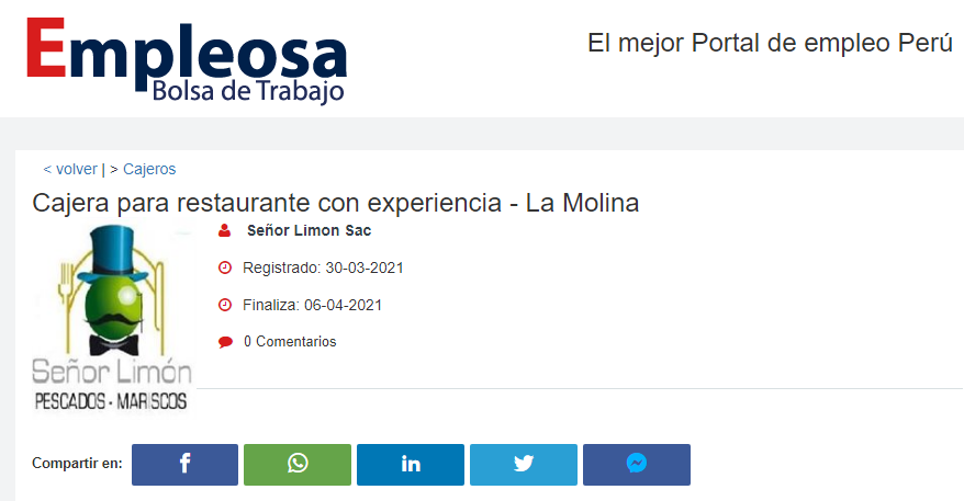 Cajera para restaurante con experiencia - La Molina