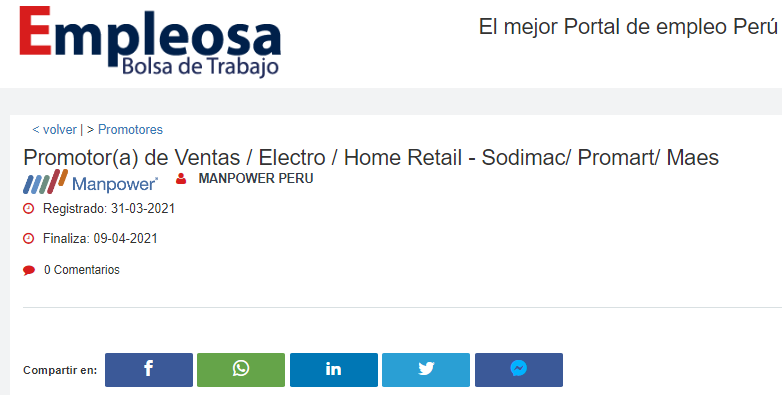 Promotor(a) de Ventas / Electro / Home Retail - Sodimac/ Promart/ Maes