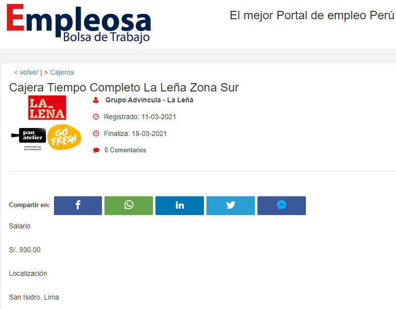 Cajera Tiempo Completo La Leña Zona Sur