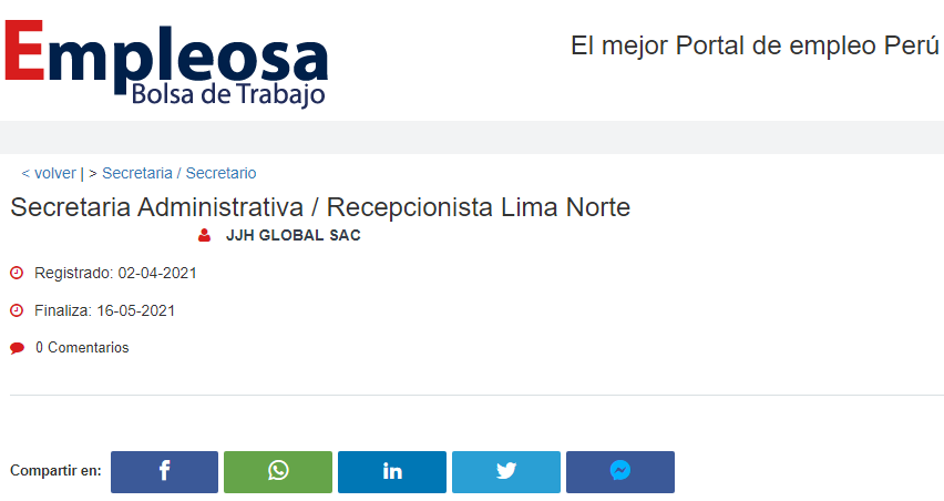 Secretaria Administrativa / Recepcionista Lima Norte