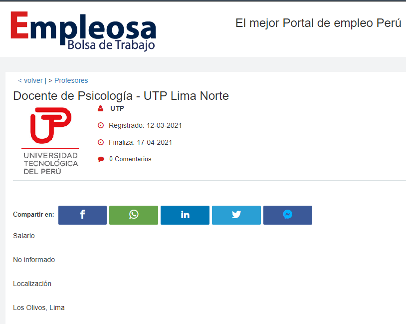 Docente de Psicología - UTP Lima Norte