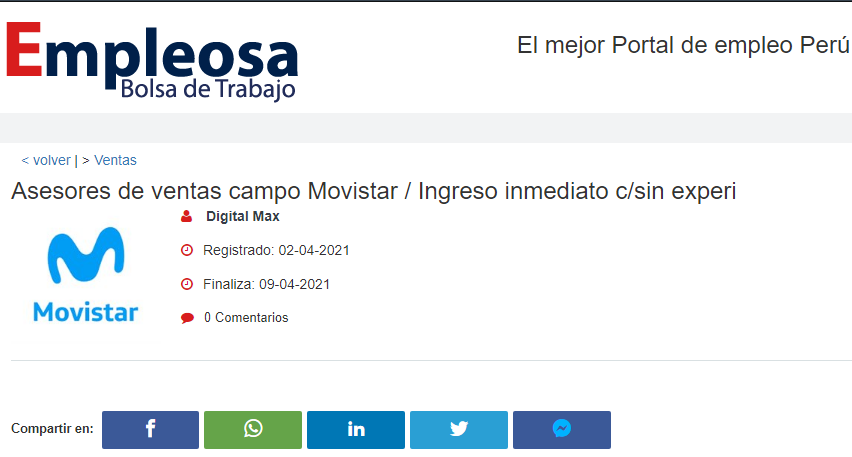 Asesores de ventas campo Movistar / Ingreso inmediato c/sin experi